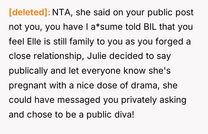[deleted] NTA, she said on your public post not you,...