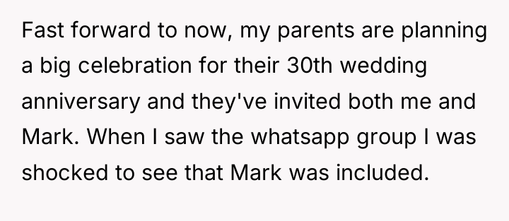 Fast forward to now, my parents are planning a big...