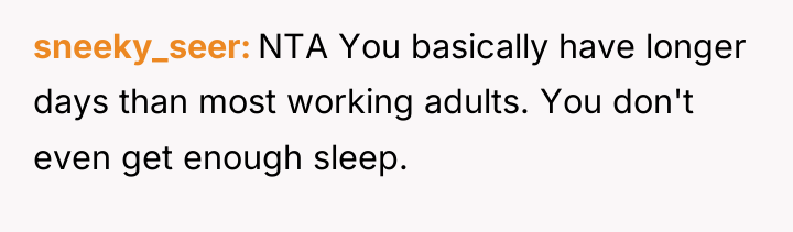 sneeky_seer NTA You basically have longer days than most working...