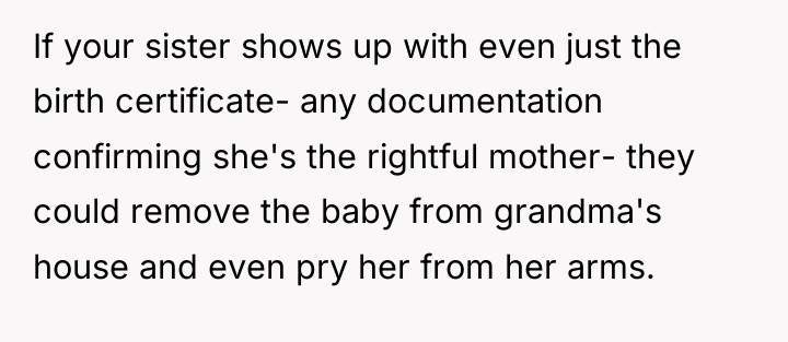 If your sister shows up with even just the birth...