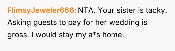 FlimsyJeweler666 NTA. Your sister is tacky. Asking guests to pay...