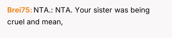 Brei75 NTA.: NTA. Your sister was being cruel and mean,