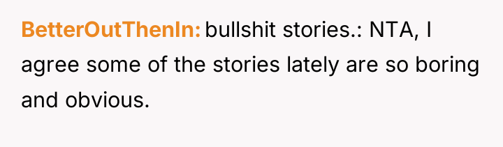 BetterOutThenIn bullshit stories.: NTA, I agree some of the stories...