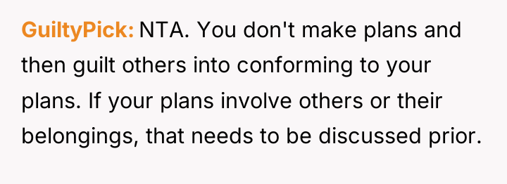 GuiltyPick NTA. You don't make plans and then guilt others...