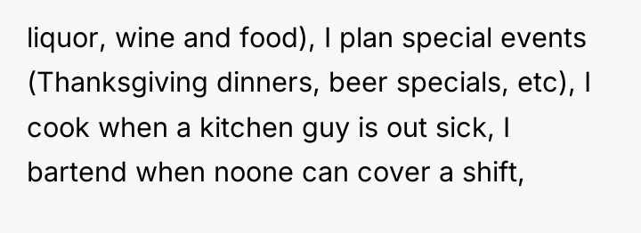 liquor, wine and food), I plan special events (Thanksgiving dinners,...