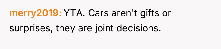 merry2019 YTA. Cars aren't gifts or surprises, they are joint...