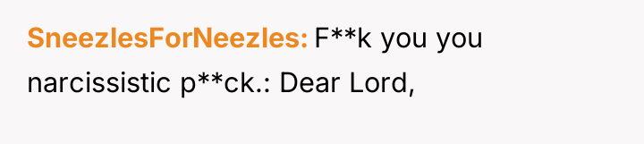 SneezlesForNeezles F**k you you narcissistic p**ck.: Dear Lord,