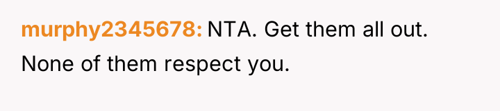 murphy2345678 NTA. Get them all out. None of them respect...