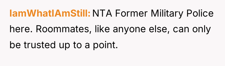 IamWhatIAmStill NTA Former Military Police here. Roommates, like anyone else,...