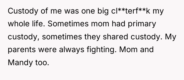 Custody of me was one big cl**terf**k my whole life....