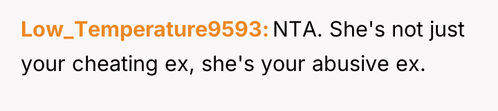 Low_Temperature9593 NTA. She's not just your cheating ex, she's your...