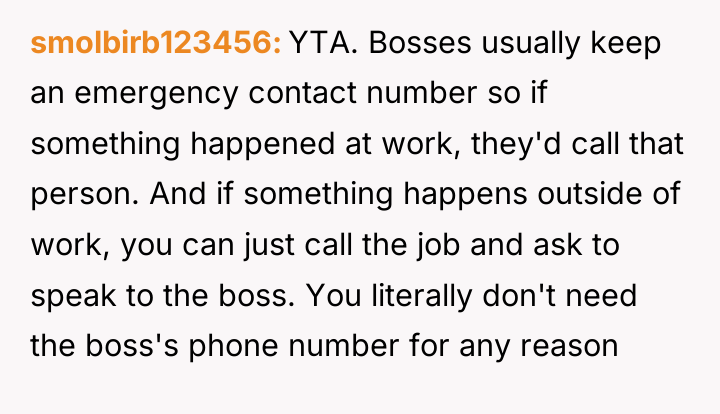 smolbirb123456 YTA. Bosses usually keep an emergency contact number so...