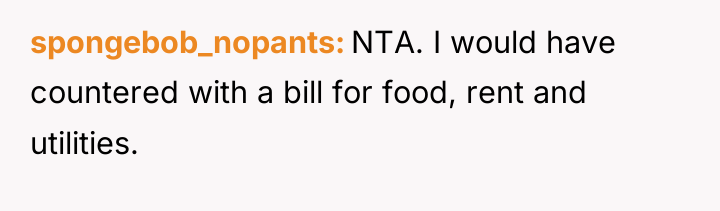 spongebob_nopants NTA. I would have countered with a bill for...