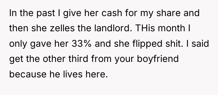 In the past I give her cash for my share...
