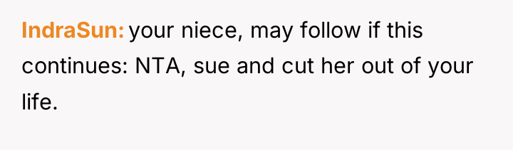 IndraSun your niece, may follow if this continues: NTA, sue...