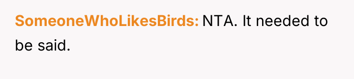 SomeoneWhoLikesBirds NTA. It needed to be said.
