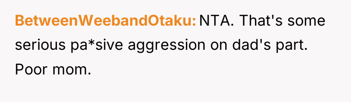BetweenWeebandOtaku NTA. That's some serious pa*sive aggression on dad's part....