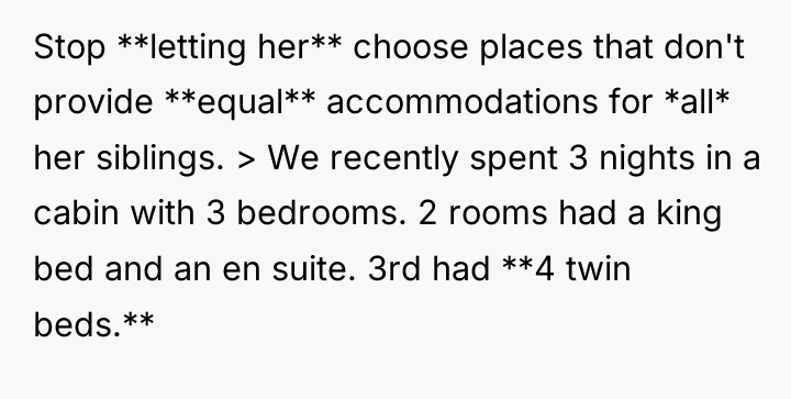 Stop **letting her** choose places that don't provide **equal** accommodations...