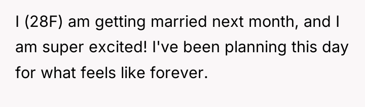 I (28F) am getting married next month, and I am...