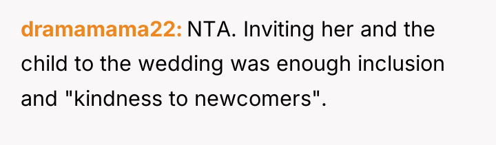 dramamama22 NTA. Inviting her and the child to the wedding...