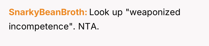 SnarkyBeanBroth Look up "weaponized incompetence". NTA.
