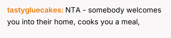 tastygluecakes NTA - somebody welcomes you into their home, cooks...