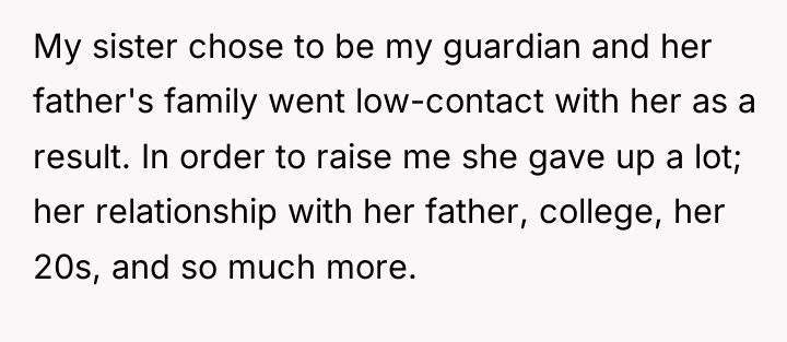 My sister chose to be my guardian and her father's...