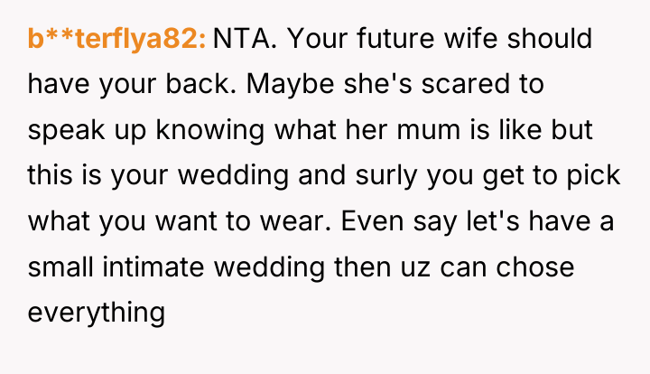 b**terflya82 NTA. Your future wife should have your back. Maybe...