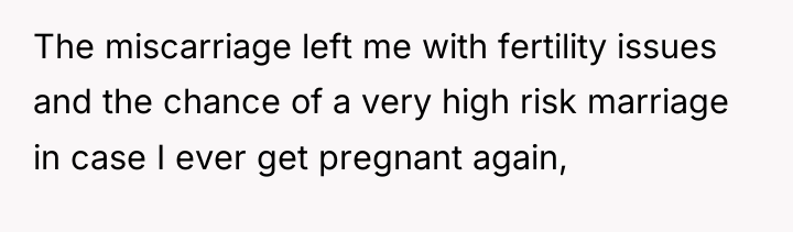 The miscarriage left me with fertility issues and the chance...