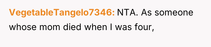 VegetableTangelo7346 NTA. As someone whose mom died when I was...
