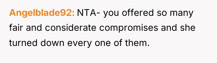 Angelblade92 NTA- you offered so many fair and considerate compromises...