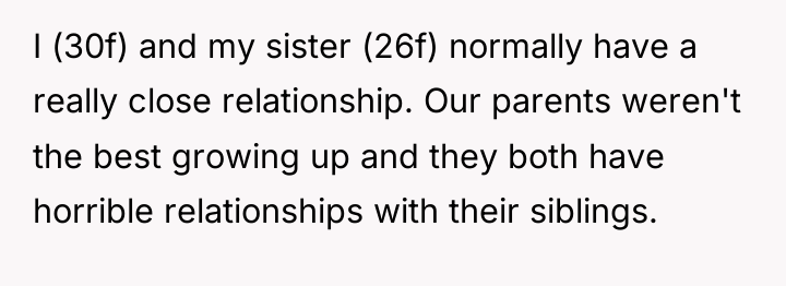 I (30f) and my sister (26f) normally have a really...
