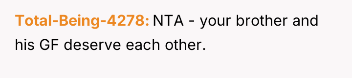 Total-Being-4278 NTA - your brother and his GF deserve each...