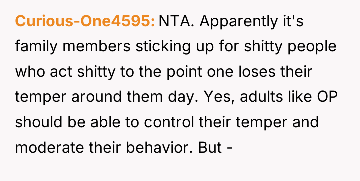 Curious-One4595 NTA. Apparently it's family members sticking up for shitty...