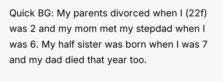 Quick BG: My parents divorced when I (22f) was 2...
