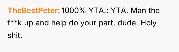 TheBestPeter 1000% YTA.: YTA. Man the f**k up and help...