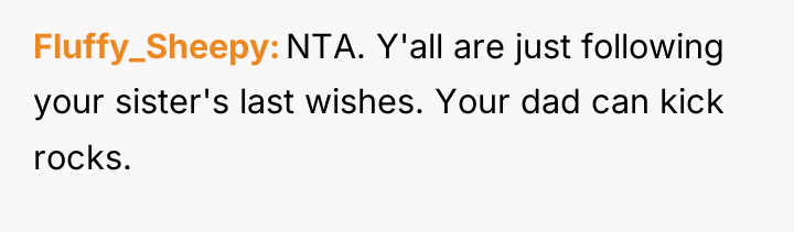 Fluffy_Sheepy NTA. Y'all are just following your sister's last wishes....