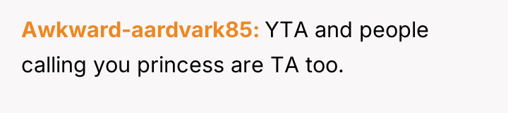 Awkward-aardvark85 YTA and people calling you princess are TA too.