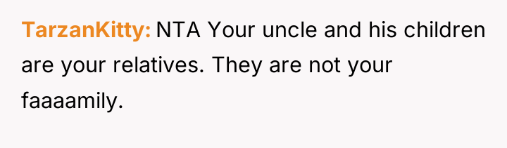 TarzanKitty NTA Your uncle and his children are your relatives....