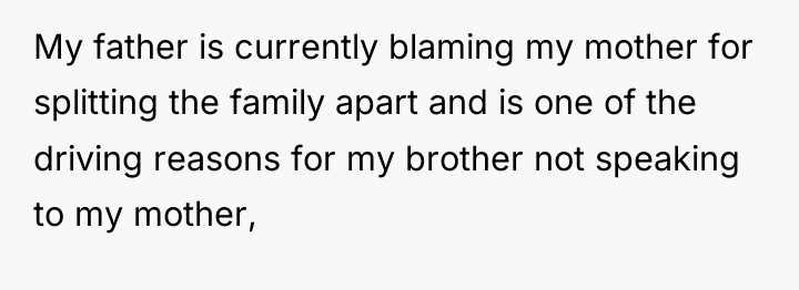 My father is currently blaming my mother for splitting the...