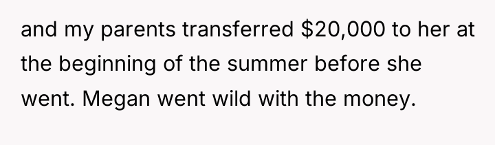 and my parents transferred $20,000 to her at the beginning...