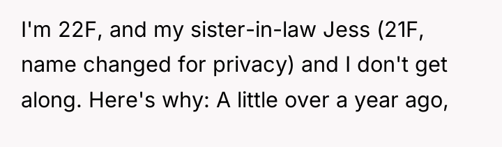 I'm 22F, and my sister-in-law Jess (21F, name changed for...