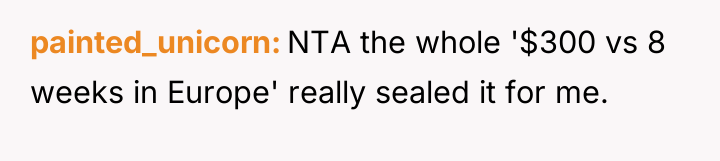 painted_unicorn NTA the whole '$300 vs 8 weeks in Europe'...