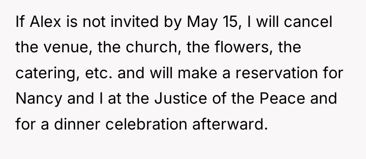 If Alex is not invited by May 15, I will...