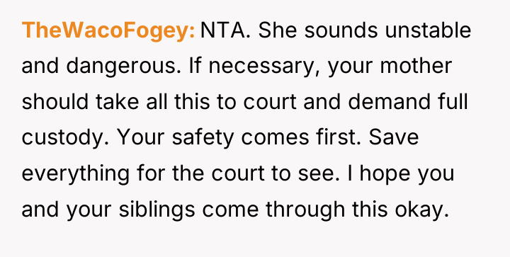 TheWacoFogey NTA. She sounds unstable and dangerous. If necessary, your...
