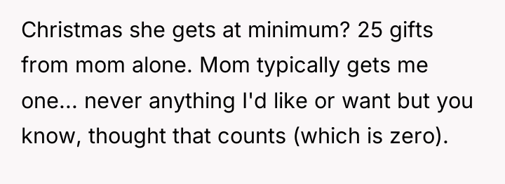 Christmas she gets at minimum? 25 gifts from mom alone....
