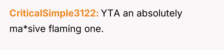 CriticalSimple3122 YTA an absolutely ma*sive flaming one.