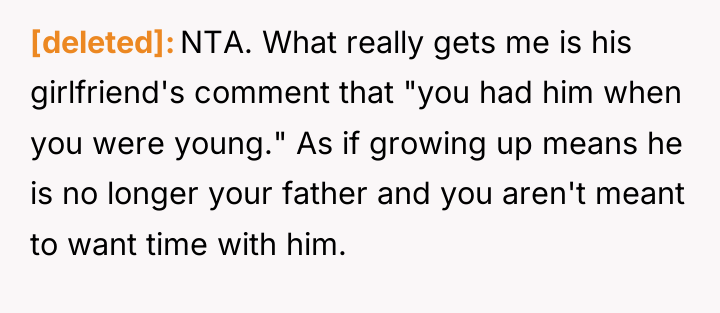 [deleted] NTA. What really gets me is his girlfriend's comment...