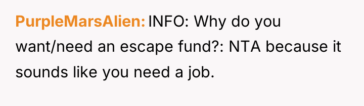PurpleMarsAlien INFO: Why do you want/need an escape fund?: NTA...