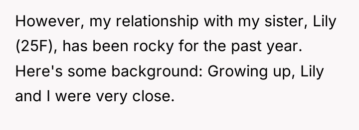 However, my relationship with my sister, Lily (25F), has been...